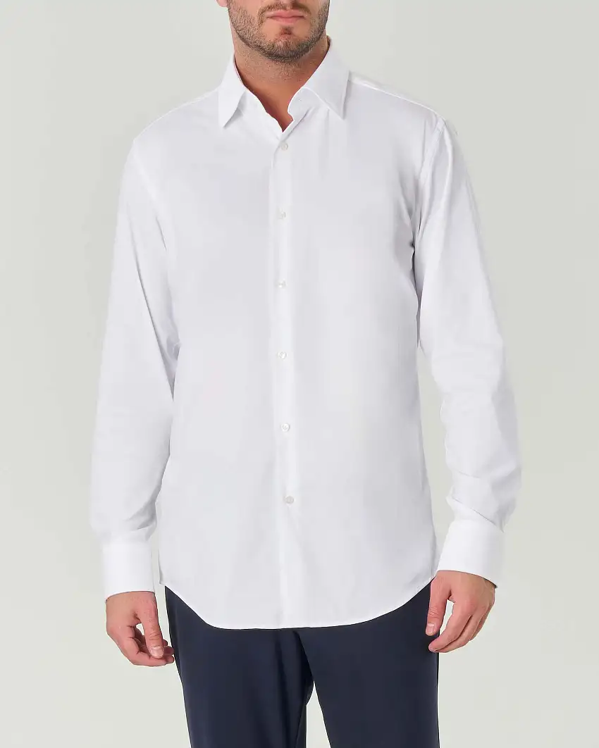 Camicia Boss bianca Hank slim-fit in twill tecnico stretch con colletto Kent