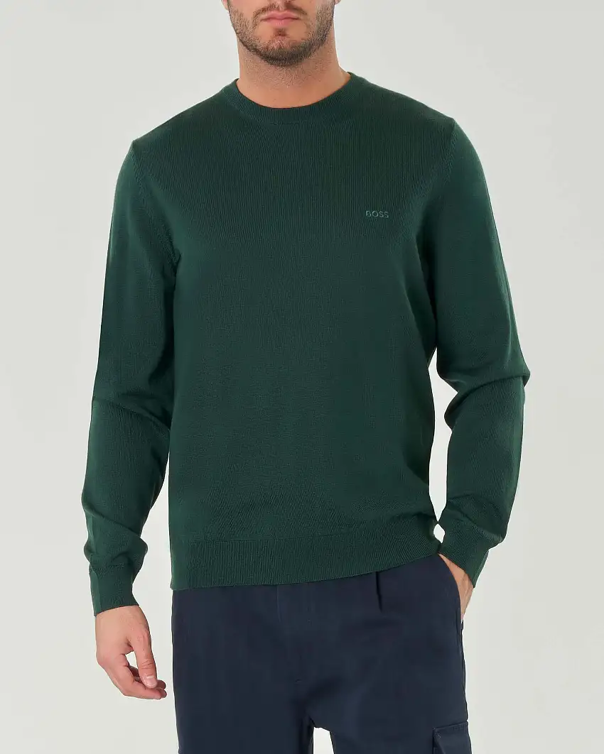 Maglia verde scuro girocollo in pura lana vergine