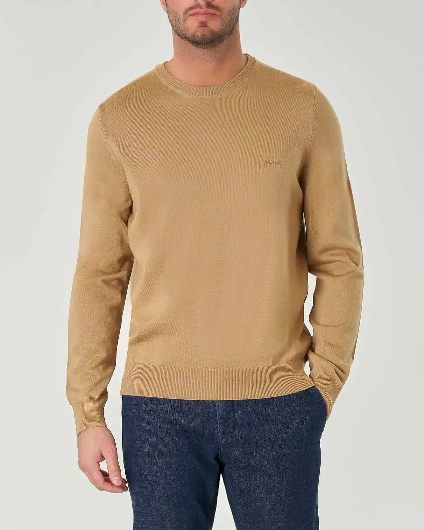 Maglia Boss cammello girocollo in pura lana vergine