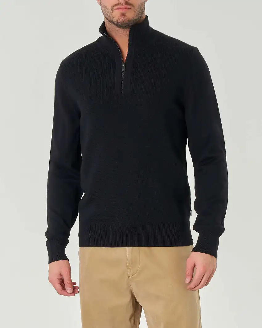 Maglia lana nera con pannello frontale a punto waffle e colletto con zip