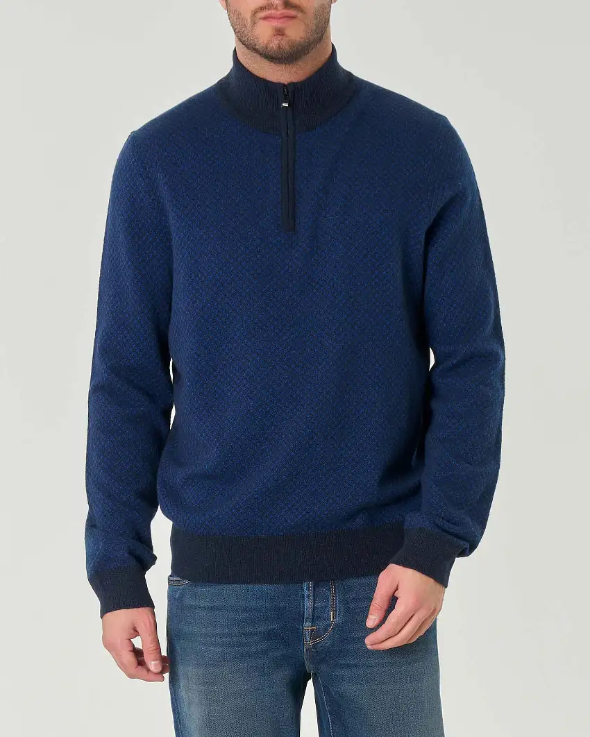 Maglia blu Eltorino regular-fit in lana e cotone a motivo jacquard con collo alto e cerniera
