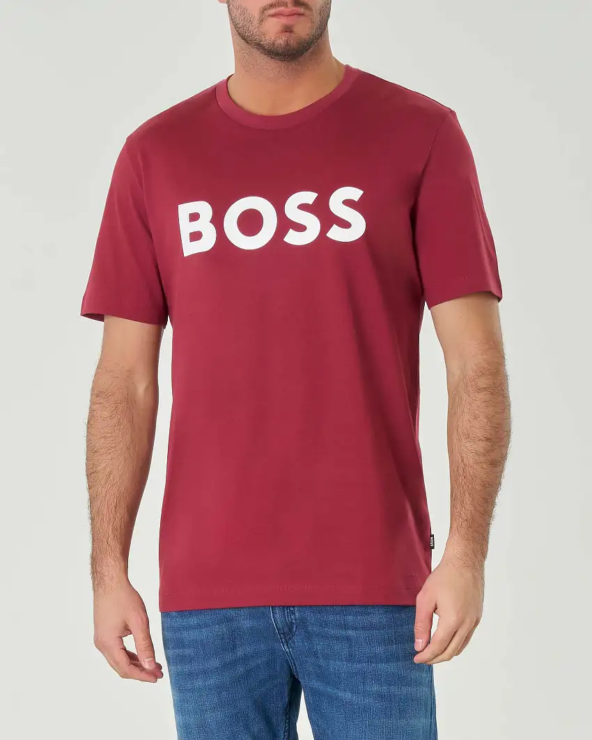 T-shirt bordeaux mezza manica con maxi logo Boss bianco stampato