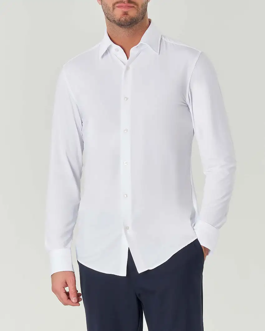 Camicia Boss bianca Hank regular-fit in tessuto tecnico armaturato a puntini con colletto Kent