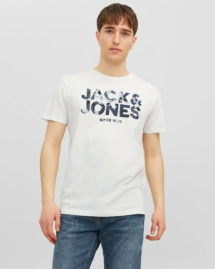 T-shirt bianca mezza manica con logo in fantasia mimetica