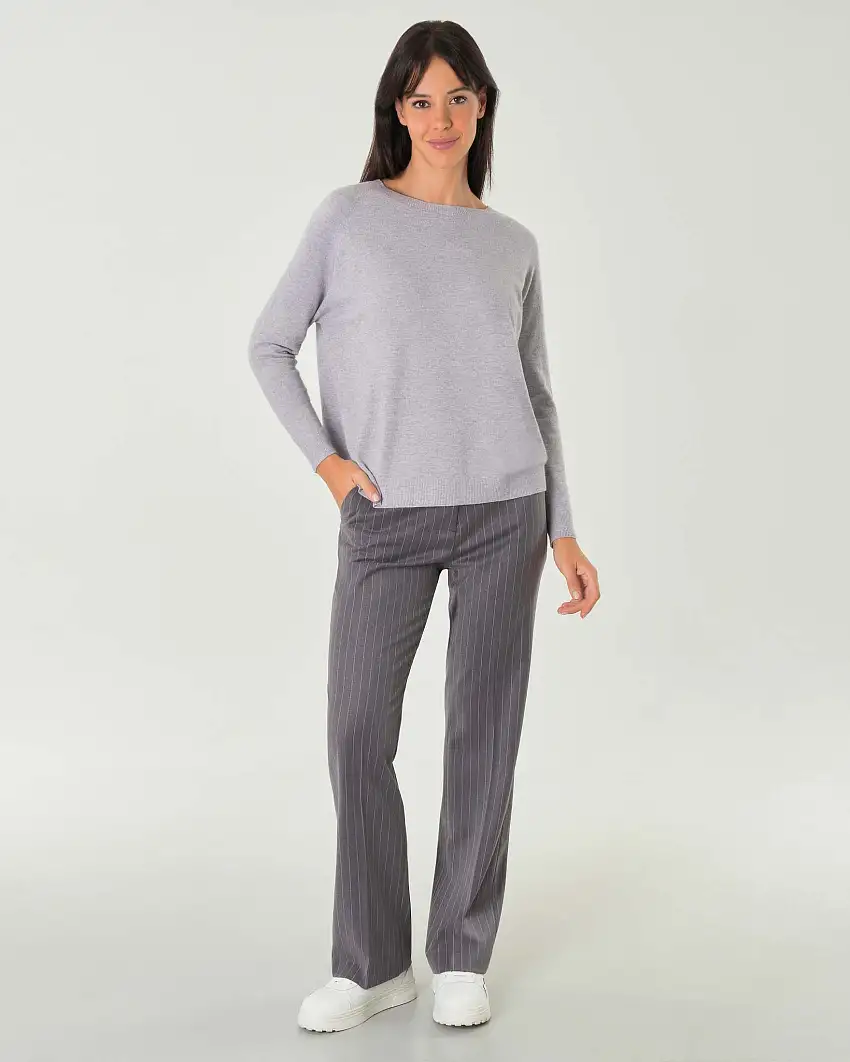 Pantaloni grigio medi gessati in misto viscosa stretch