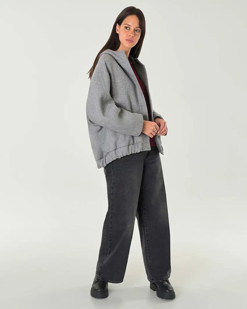Bomber grigio in panno diagonale di misto lana con elastico inserito al fondo e cappuccio