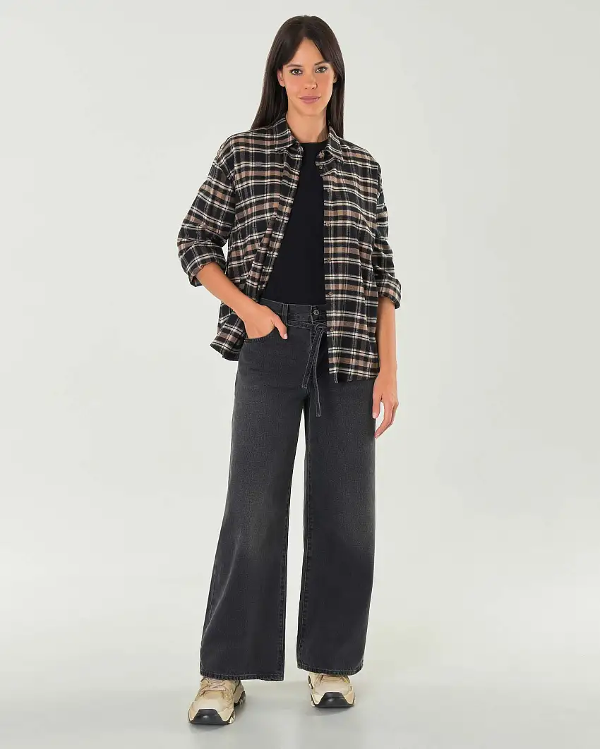 Camicia nera in flanella di cotone a fantasia check marrone con carrè arricciato