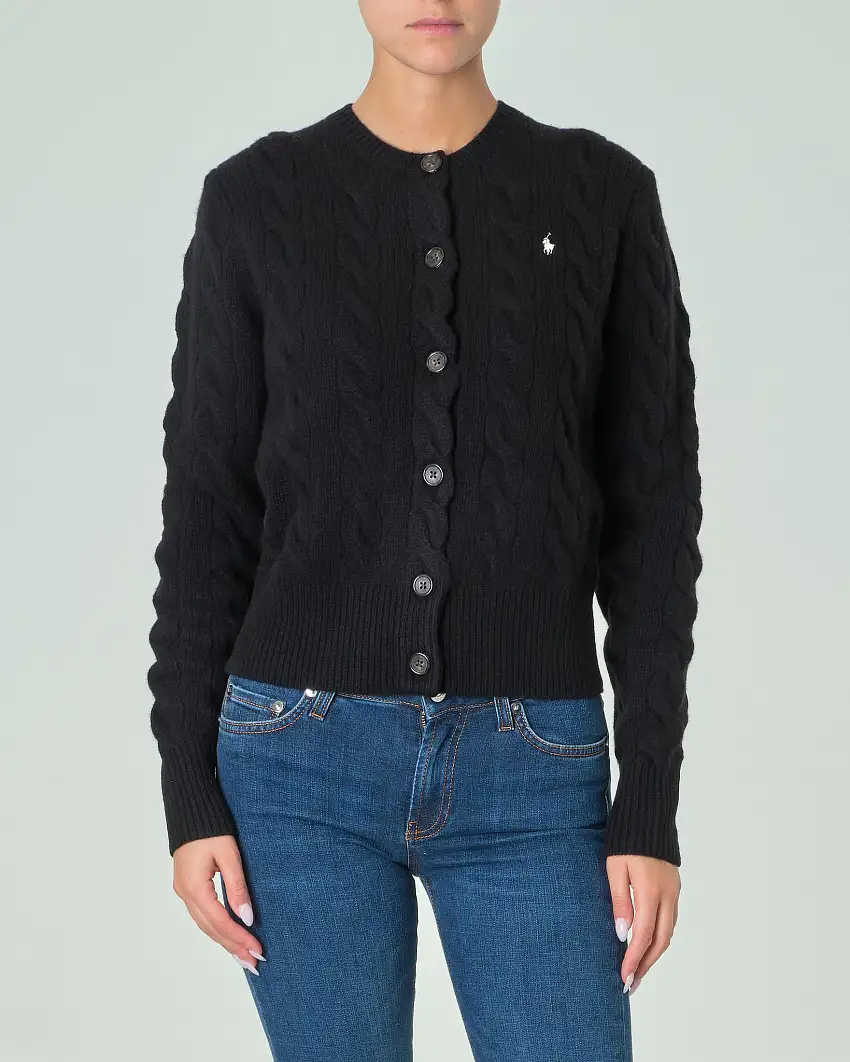 Cardigan nero in lana e cashmere lavorato a trecce con scollo a giro