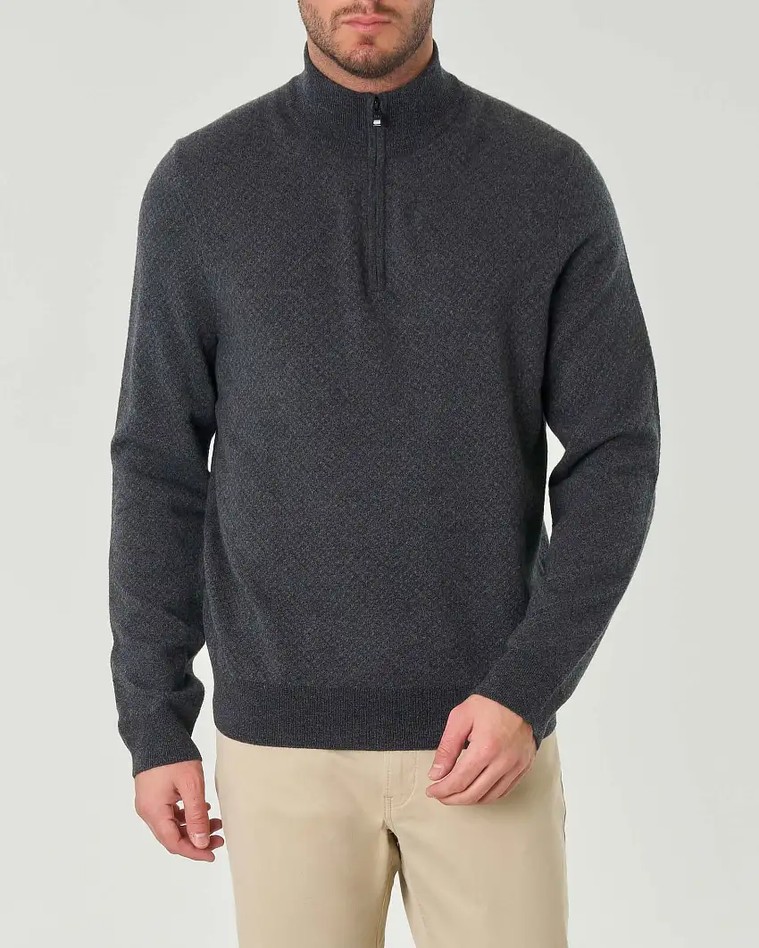 Maglia color antracite Eltorino in lana e cotone a motivo jacquard con collo alto e cerniera