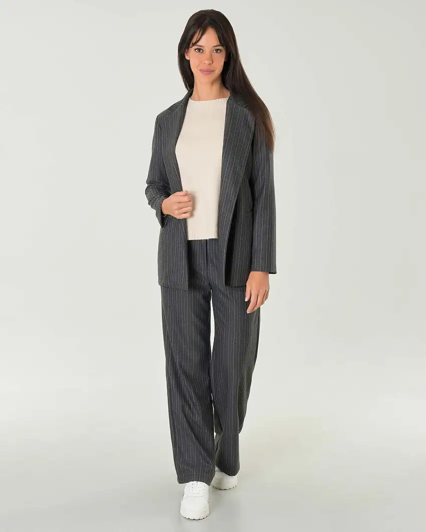 Pantaloni grigio scuri straight in misto viscosa gessato beige con pinces in vita