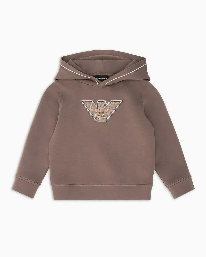 Felpa Emporio Armani color tortora con cappuccio e maxi logo aquila ricamato