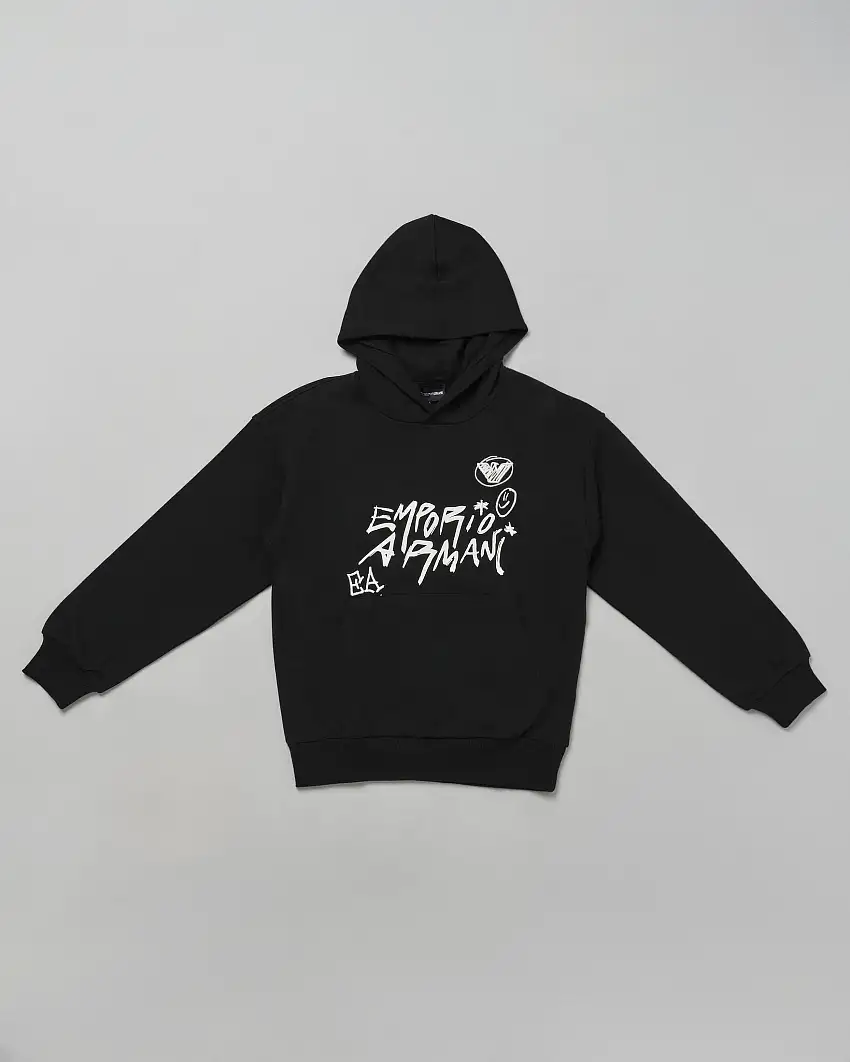 Felpa Emporio Armani in cotone nero con cappuccio e stampa bianca graffiti