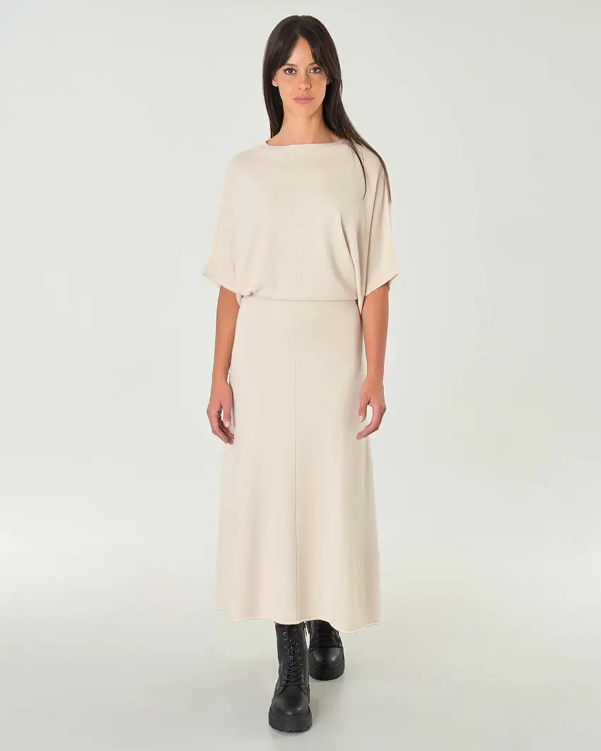 Gonna midi beige dalla linea svasata in maglia di misto viscosa