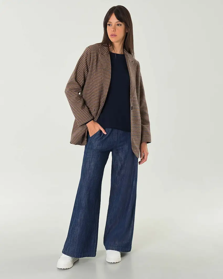 Blazer over cammello a fantasia pied de poule blu in misto lana