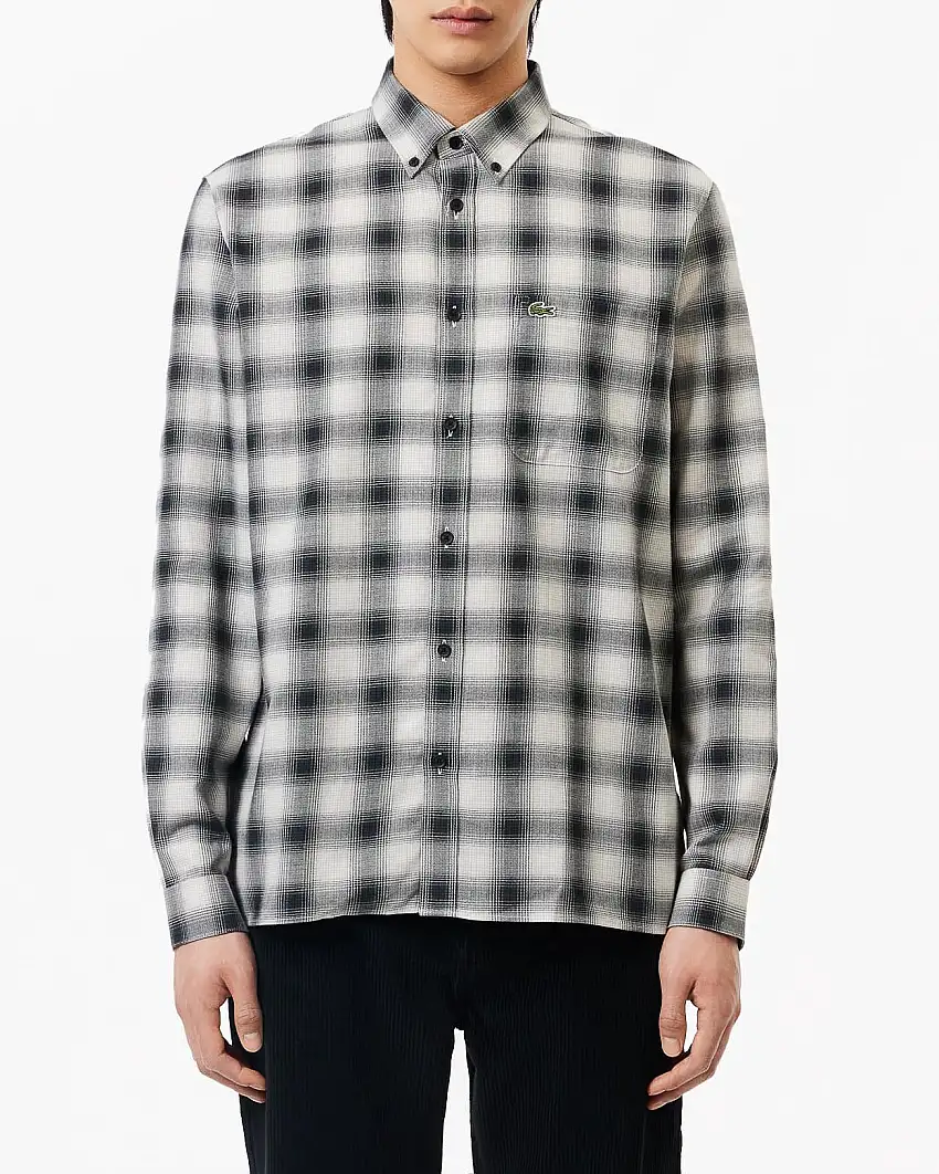 Camicia check bianca e nera in flanella di misto cotone e lana con collo button down