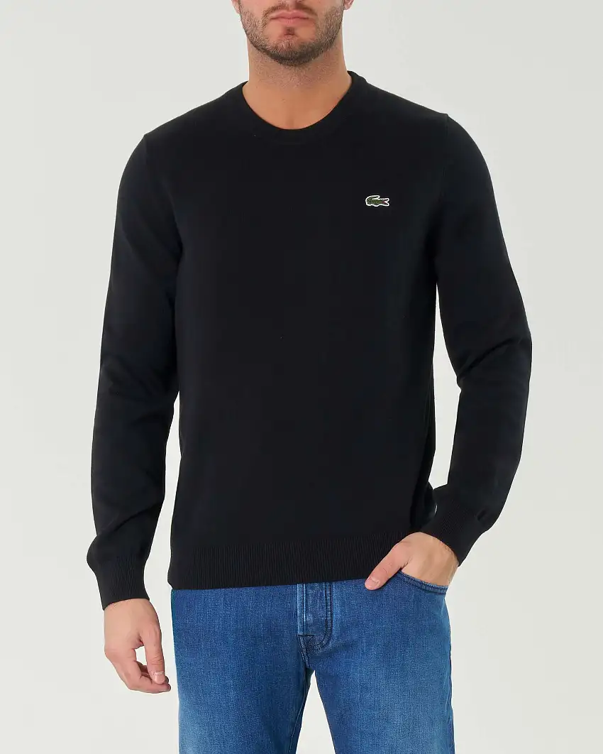 Maglia girocollo Lacoste nera regular-fit in cotone con logo ricamato sul petto