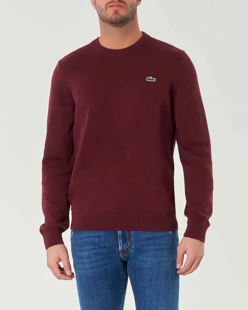 Maglia girocollo bordeaux regular-fit in cotone con logo ricamato sul petto