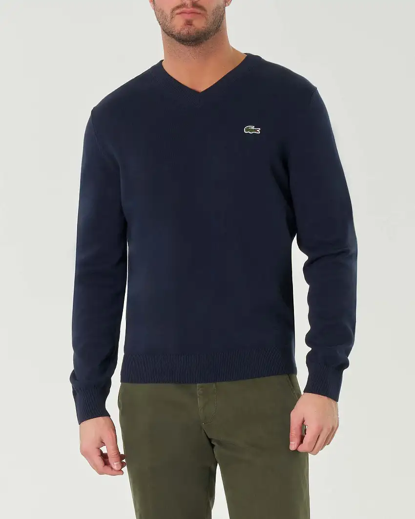 Maglia Lacoste blu scollo a V regular-fit in cotone con logo ricamato sul petto