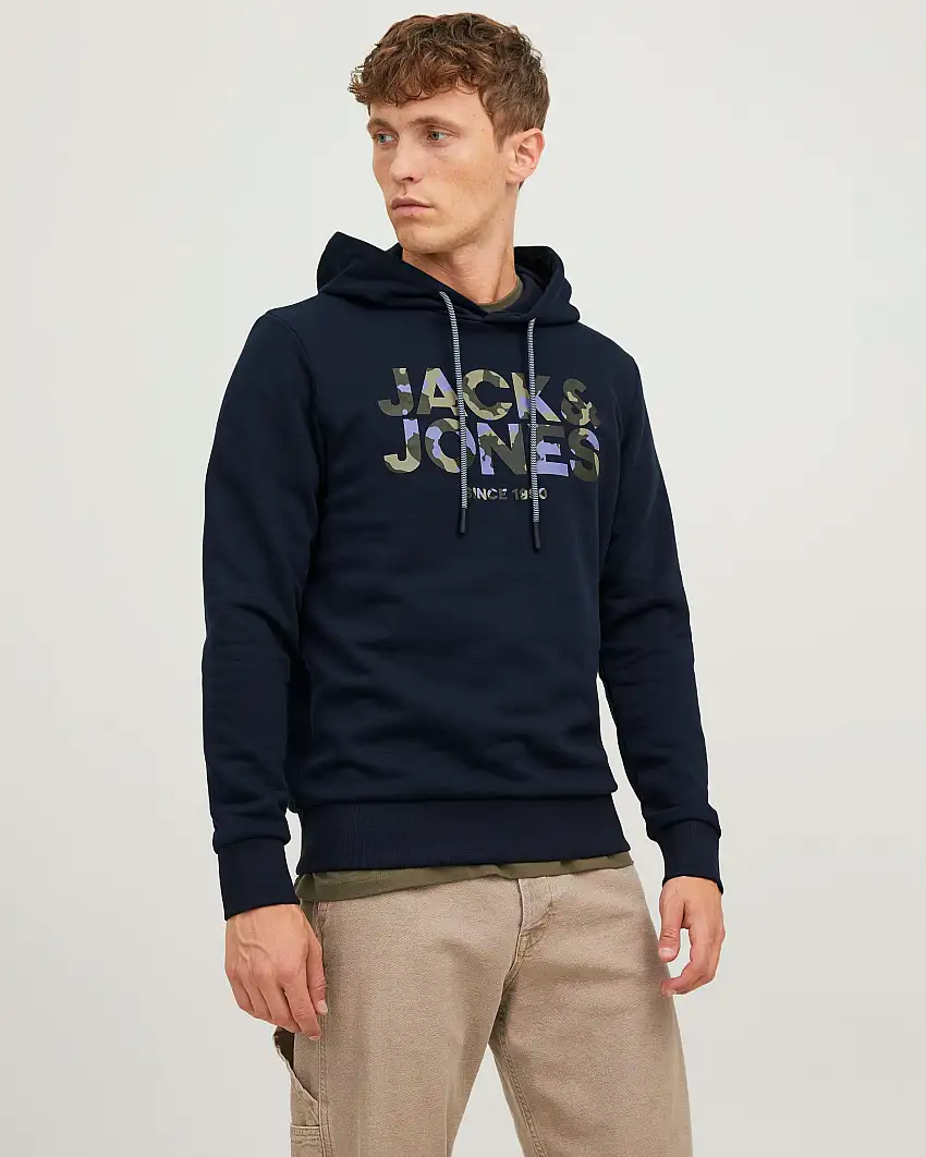 Felpa blu con cappuccio e scritta logo in fantasia mimetica