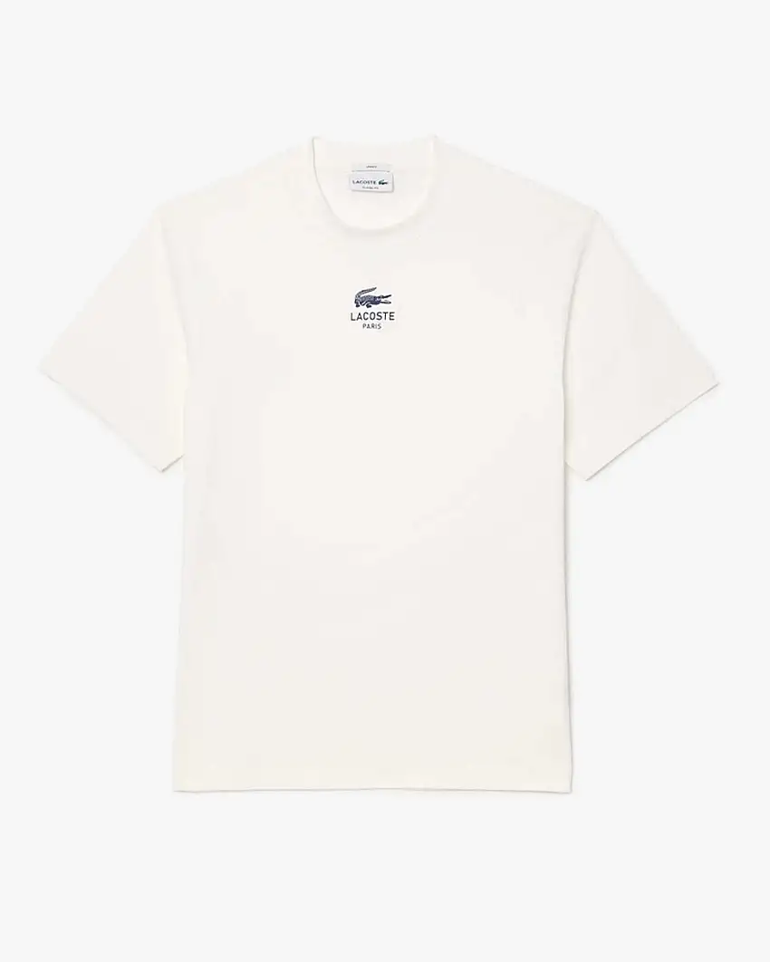 T-shirt bianca in jersey di puro cotone con logo e coccodrillo stampati centrali sul petto