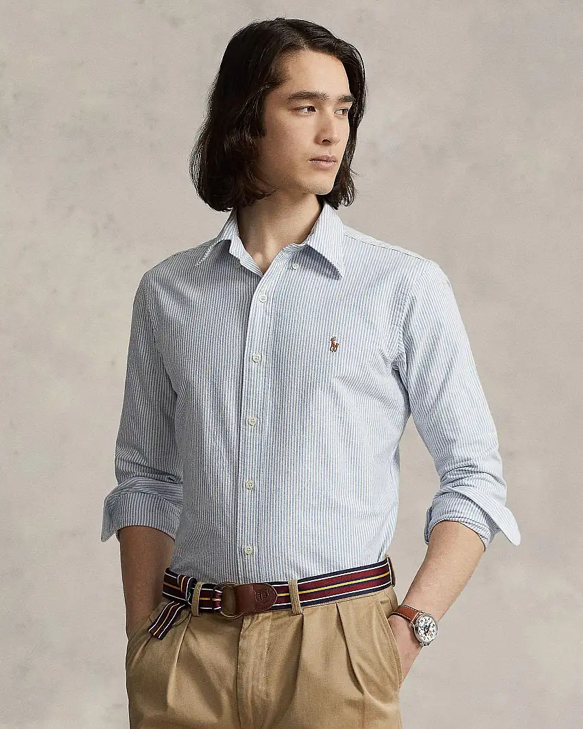 Camicia custom slim Polo Ralph Lauren a righe bianche e azzurre in oxford di cotone con colletto button-down
