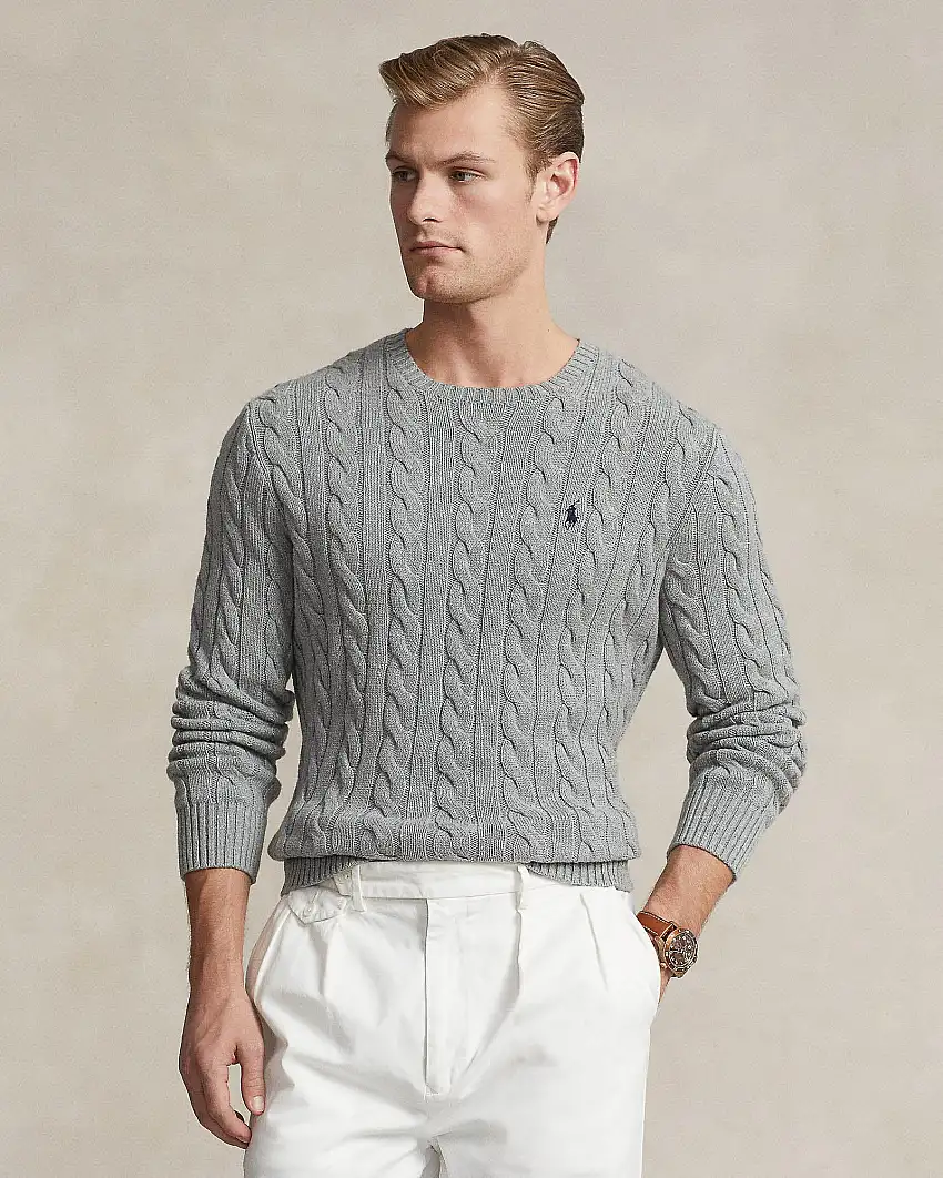 Maglia girocollo Polo Ralph Lauren grigia a trecce in cotone con logo pony blu ricamato sul petto