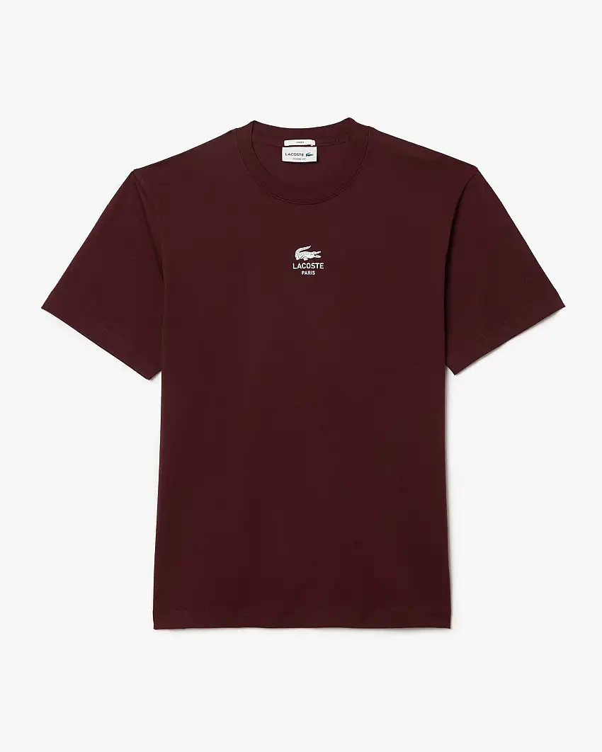 T-shirt bordeaux in jersey di puro cotone con logo e coccodrillo stampati centrali sul petto