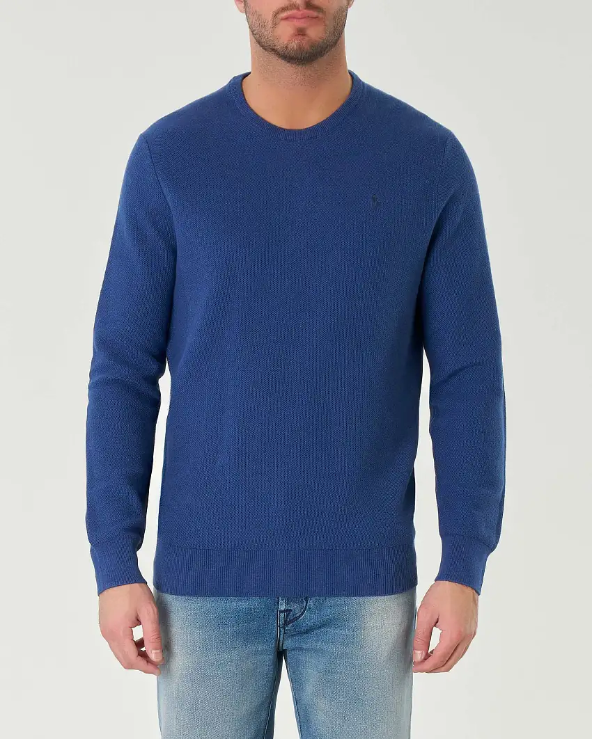 Maglia blu royal girocollo in puro cotone a nido d'ape