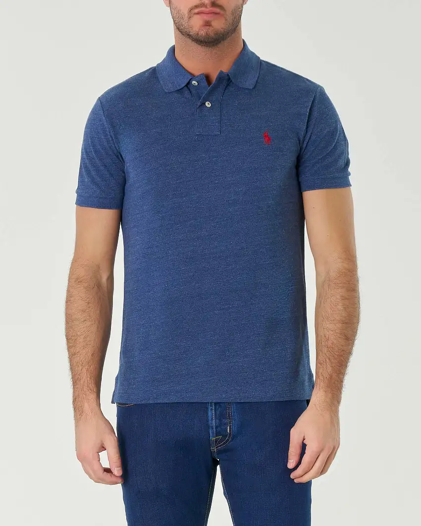 Polo slim-fit color denim in piqué di puro cotone con logo pony rosso sul petto ricamato