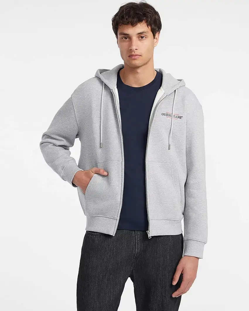 Felpa Guess Jeans grigia in cotone con cappuccio e chiusura zip