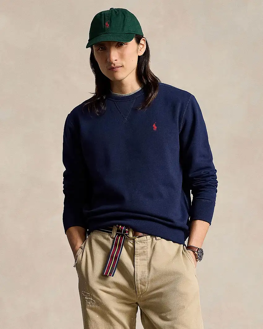 Felpa girocollo Polo Ralph Lauren blu in cotone con logo pony rosso ricamato sul petto