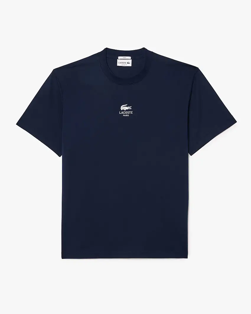 T-shirt blu in jersey di puro cotone con logo e coccodrillo stampati centrali sul petto