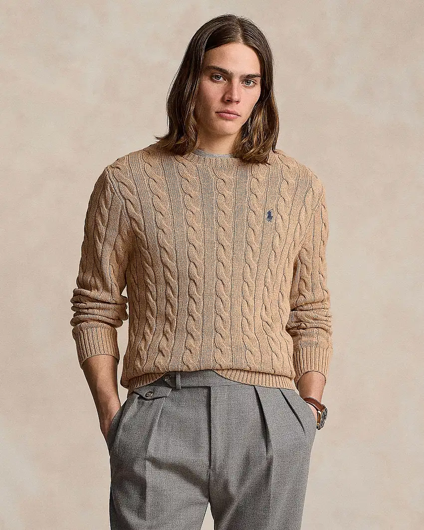 Maglia girocollo Polo Ralph Lauren color cammello a trecce in cotone con logo pony blu ricamato sul petto