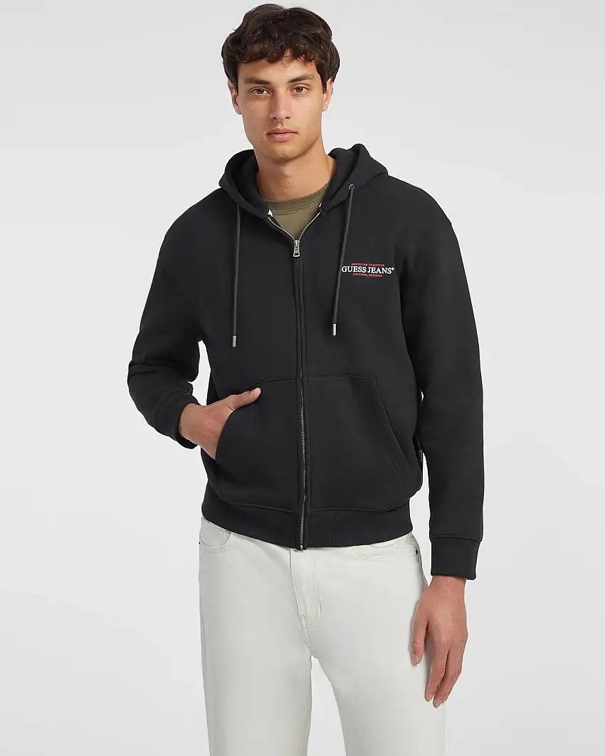 Felpa nera Guess Jeans in cotone con cappuccio e chiusura zip