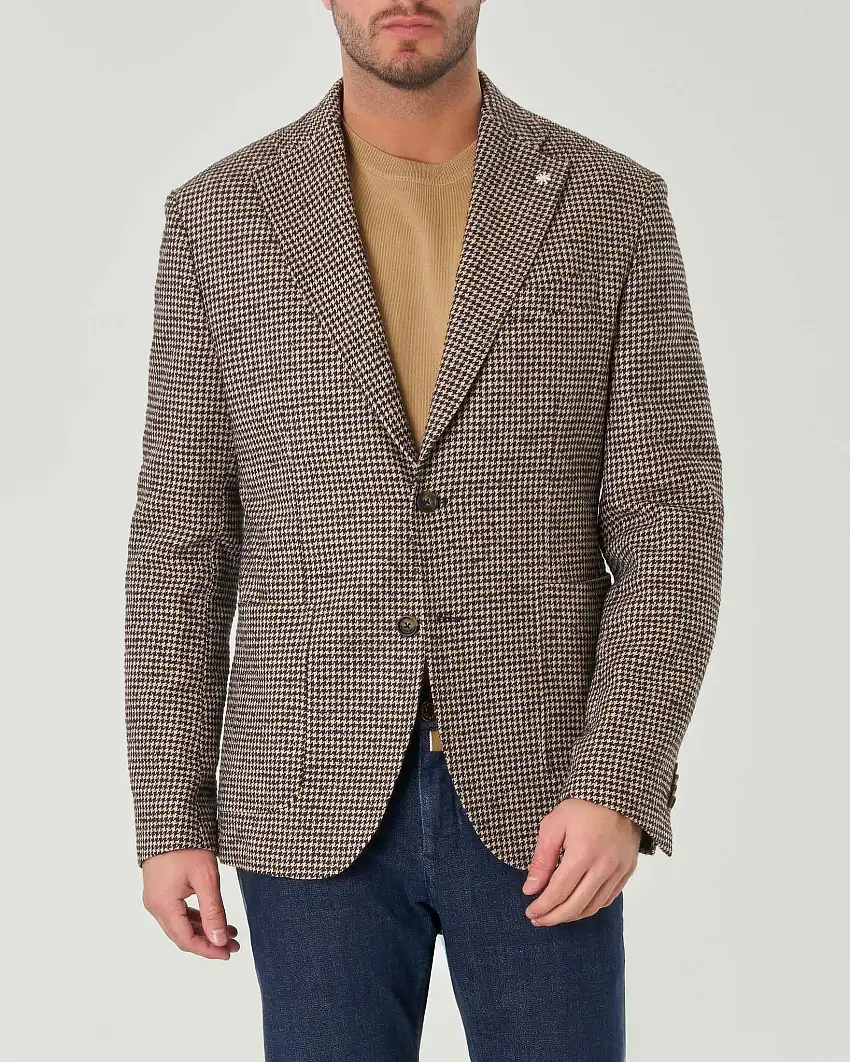 Blazer monopetto nero e beige slim-fit in pied de poule di cotone con tasche applicate