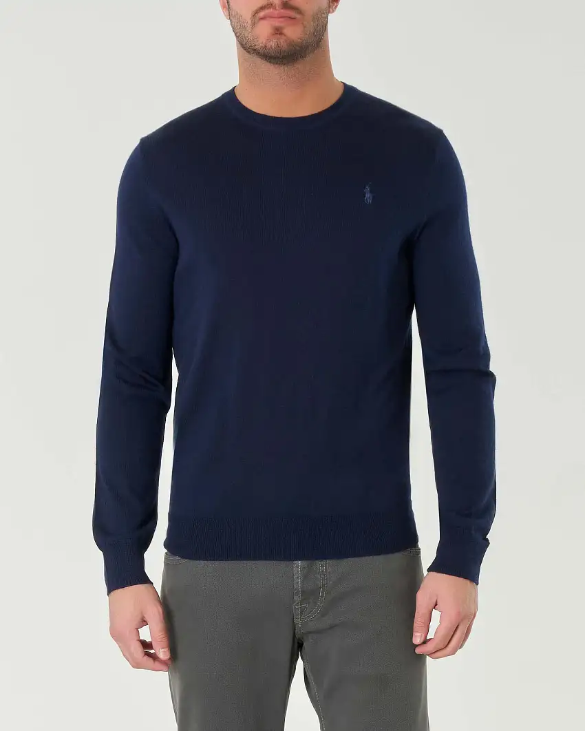 Maglia Polo Ralph Lauren blu girocollo in pura lana merino con logo pony ricamato in tono sul petto