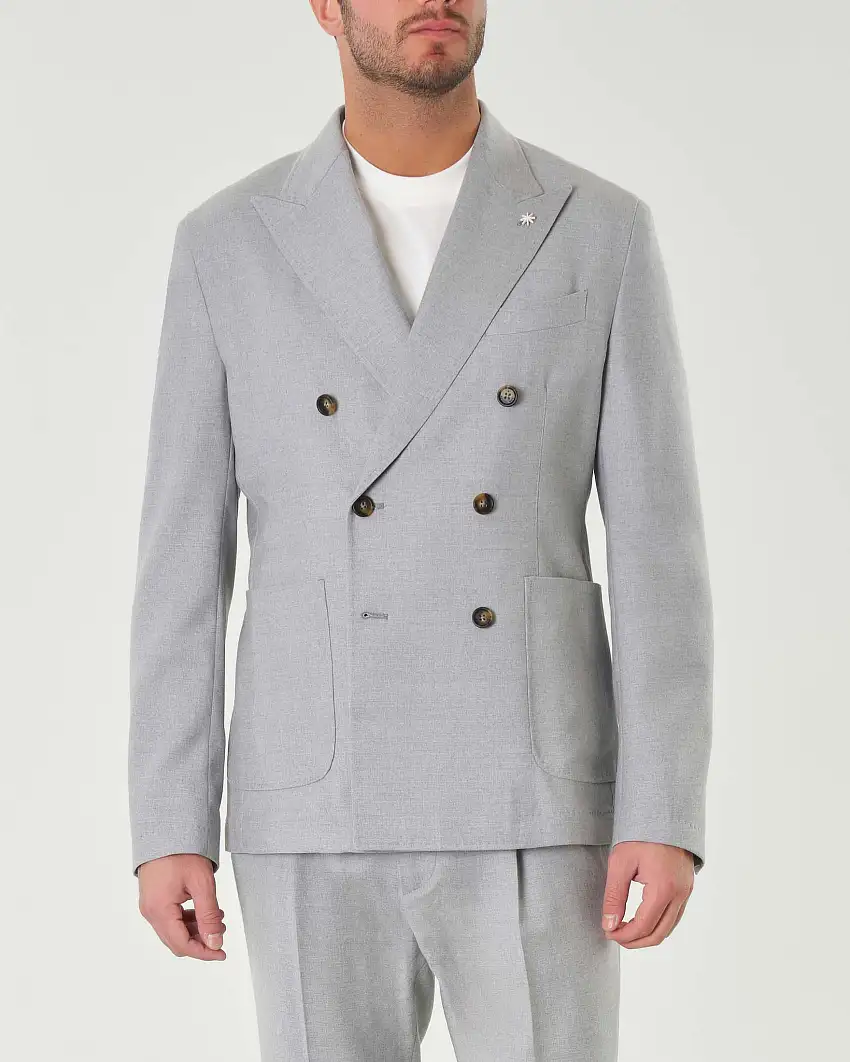Giacca doppiopetto grigia in flanella di lana stretch con rever a lancia e tasche applicate