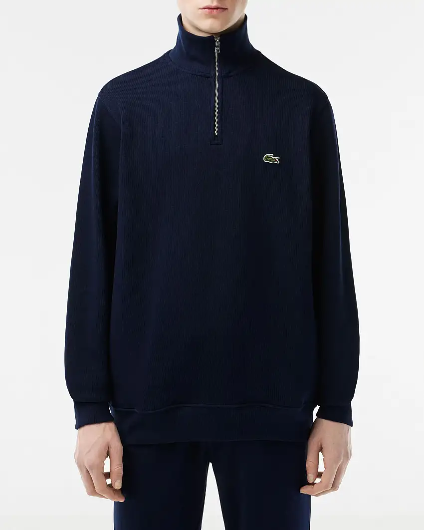 Felpa Lacoste blu in interlock di cotone con apertura a mezza zip