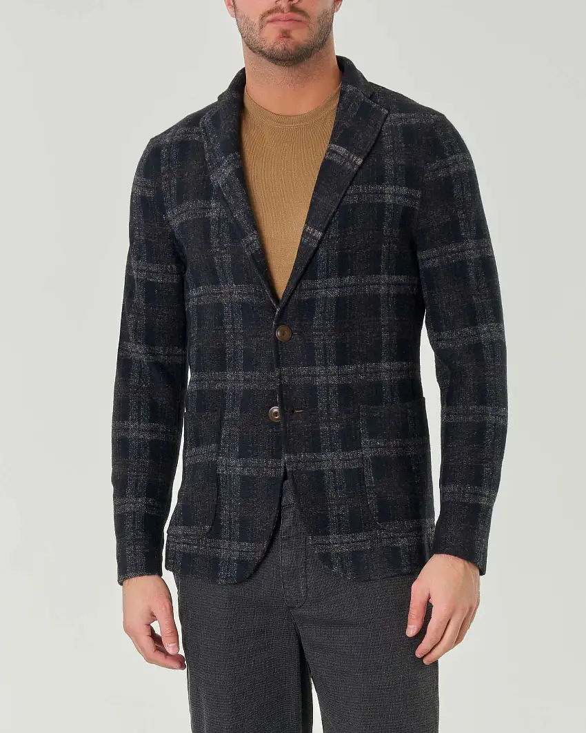 Giacca blu in maglia di misto lana a fantasia check grigia
