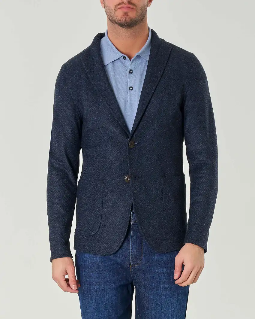 Giacca blu denim in maglia di misto lana a motivo spinato tono su tono