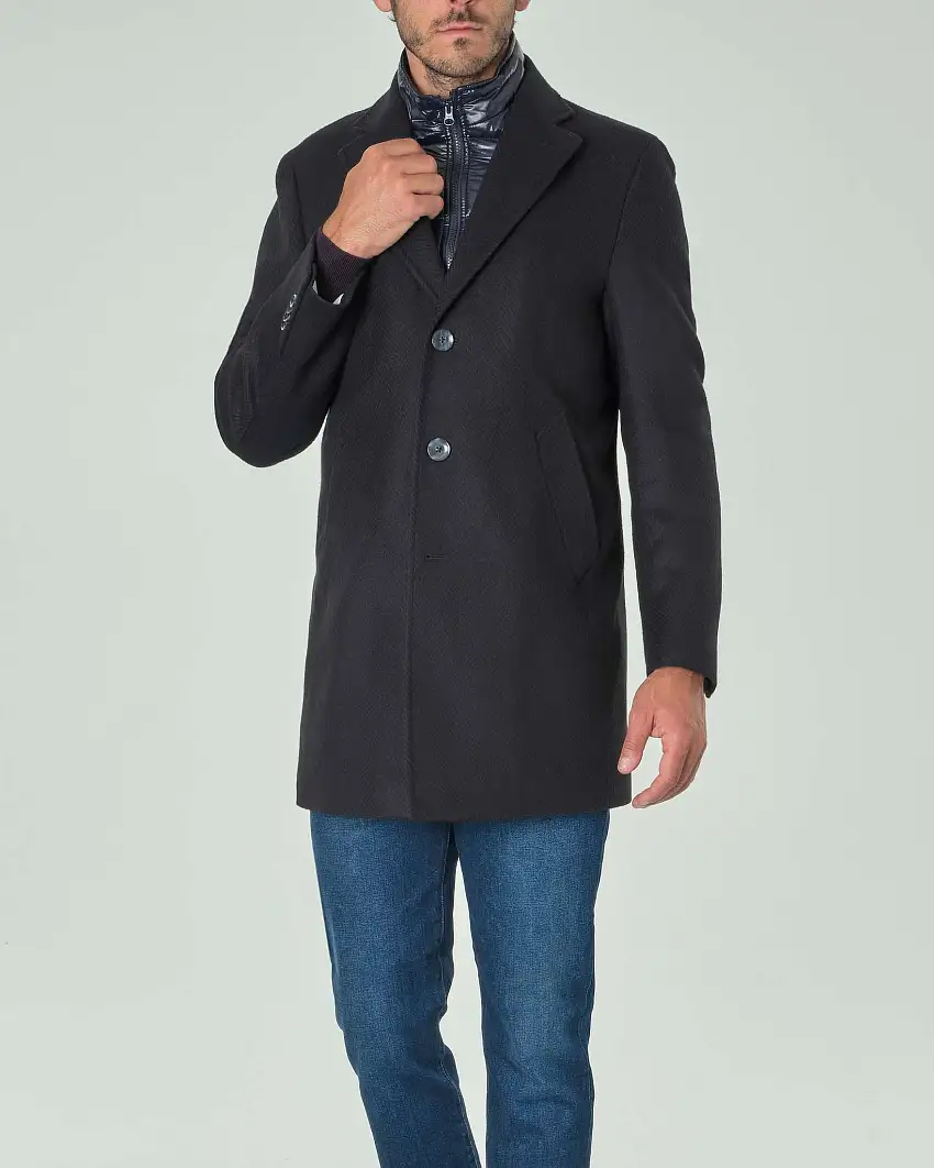 Cappotto Paul Baker blu in panno di misto lana spinata con davantino staccabile