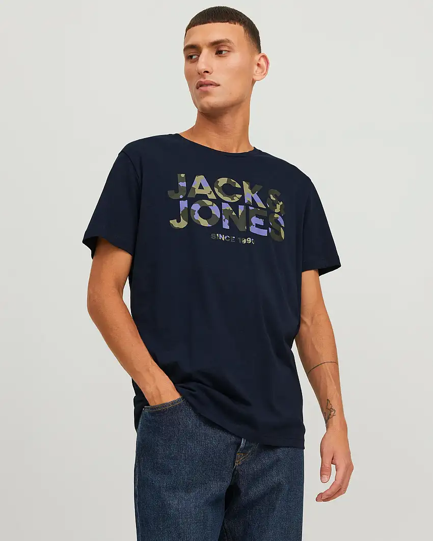 T-shirt blu mezza manica con logo in fantasia mimetica