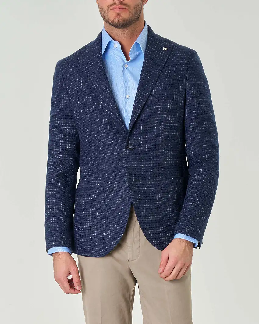 Blazer monopetto blu indaco slim-fit in misto lana e cotone con armatura a quadretti