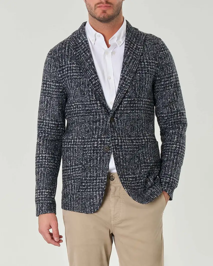 Giacca blu in maglia di cotone e lana a motivo Principe di Galles bianco