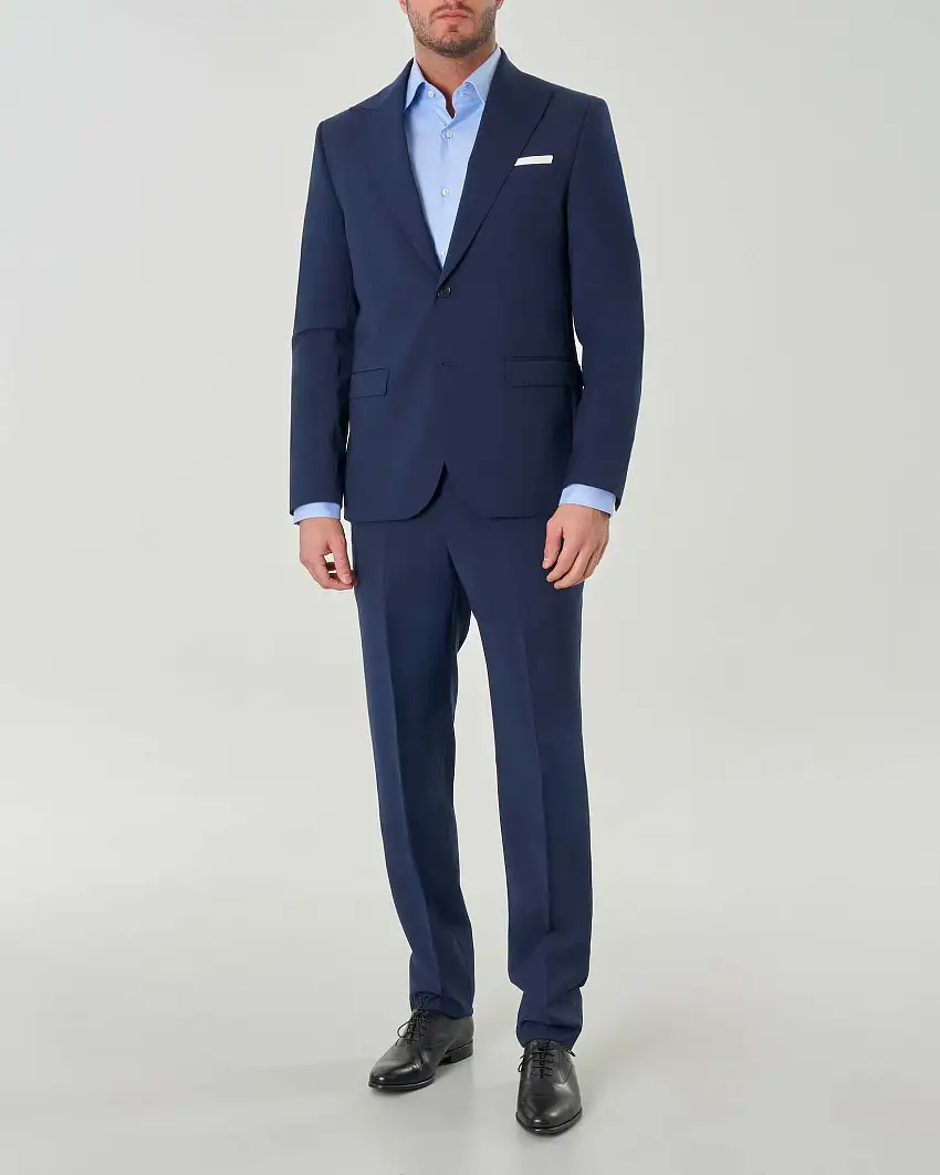 Abito Paul Baker monopetto blu slim-fit in tela di misto lana stretch con rever a lancia