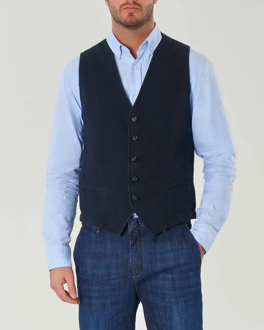 Gilet blu in tessuto armaturato di cotone stretch con cinturino sul retro