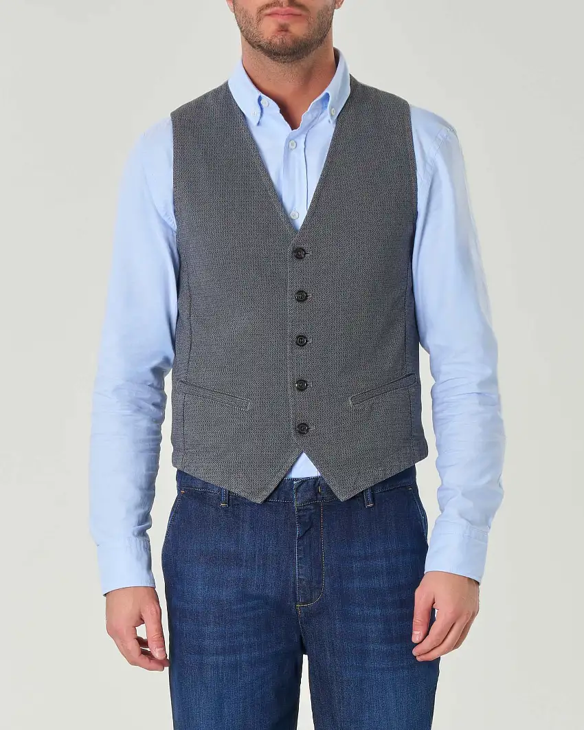 Gilet grigio in tessuto armaturato di cotone stretch con cinturino sul retro