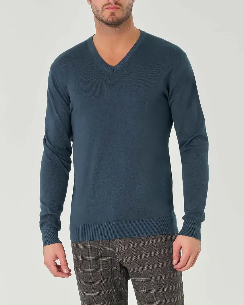 Maglia ottanio scollo a V tinta unita