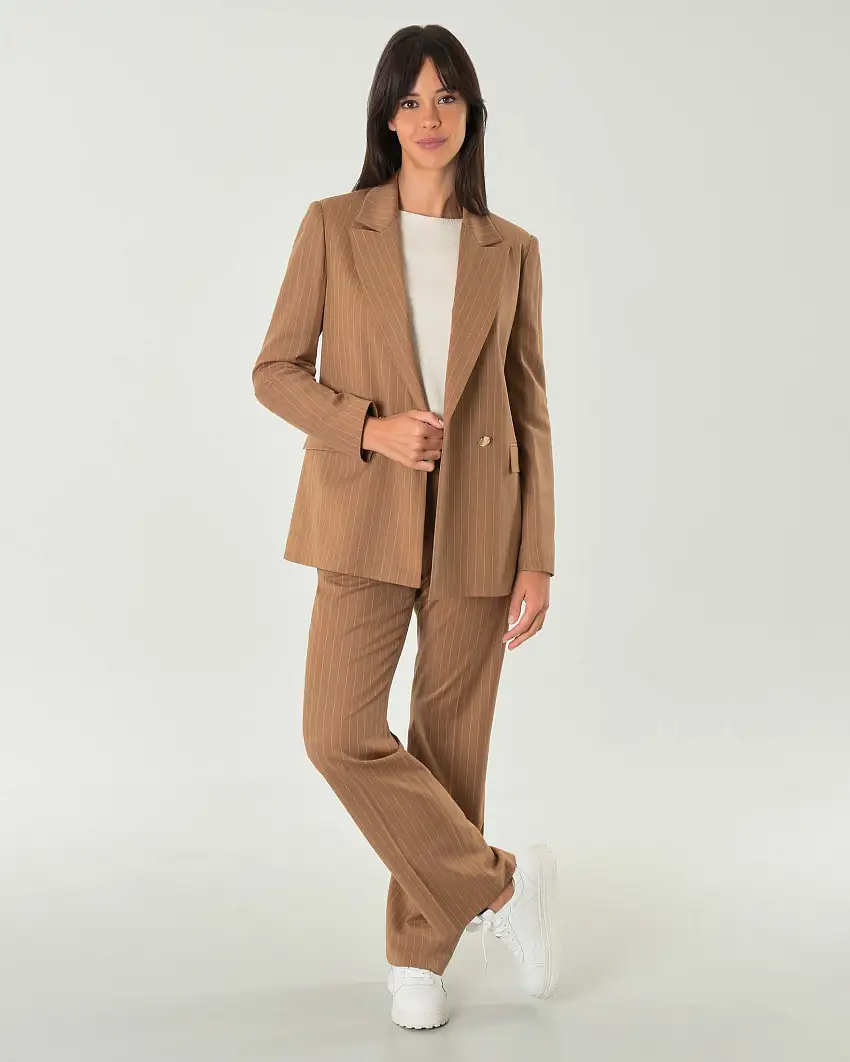 Pantaloni color cammello gessati in misto viscosa stretch