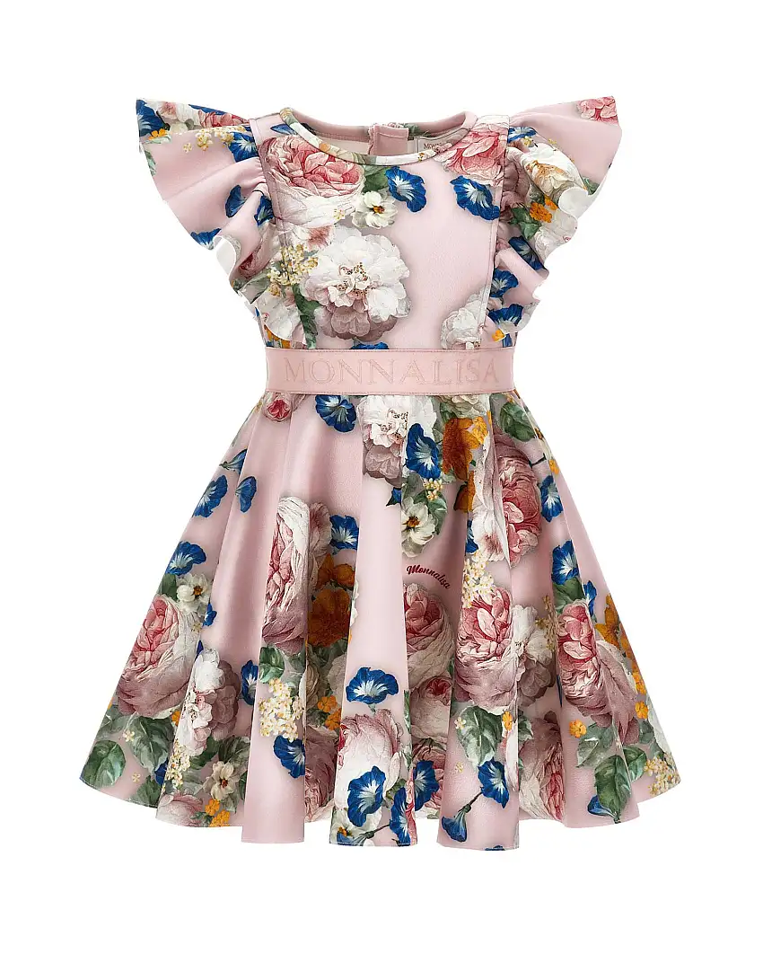 Abito Monnalisa mini in neoprene rosa a fantasia floreale multicolor con maniche ad aletta